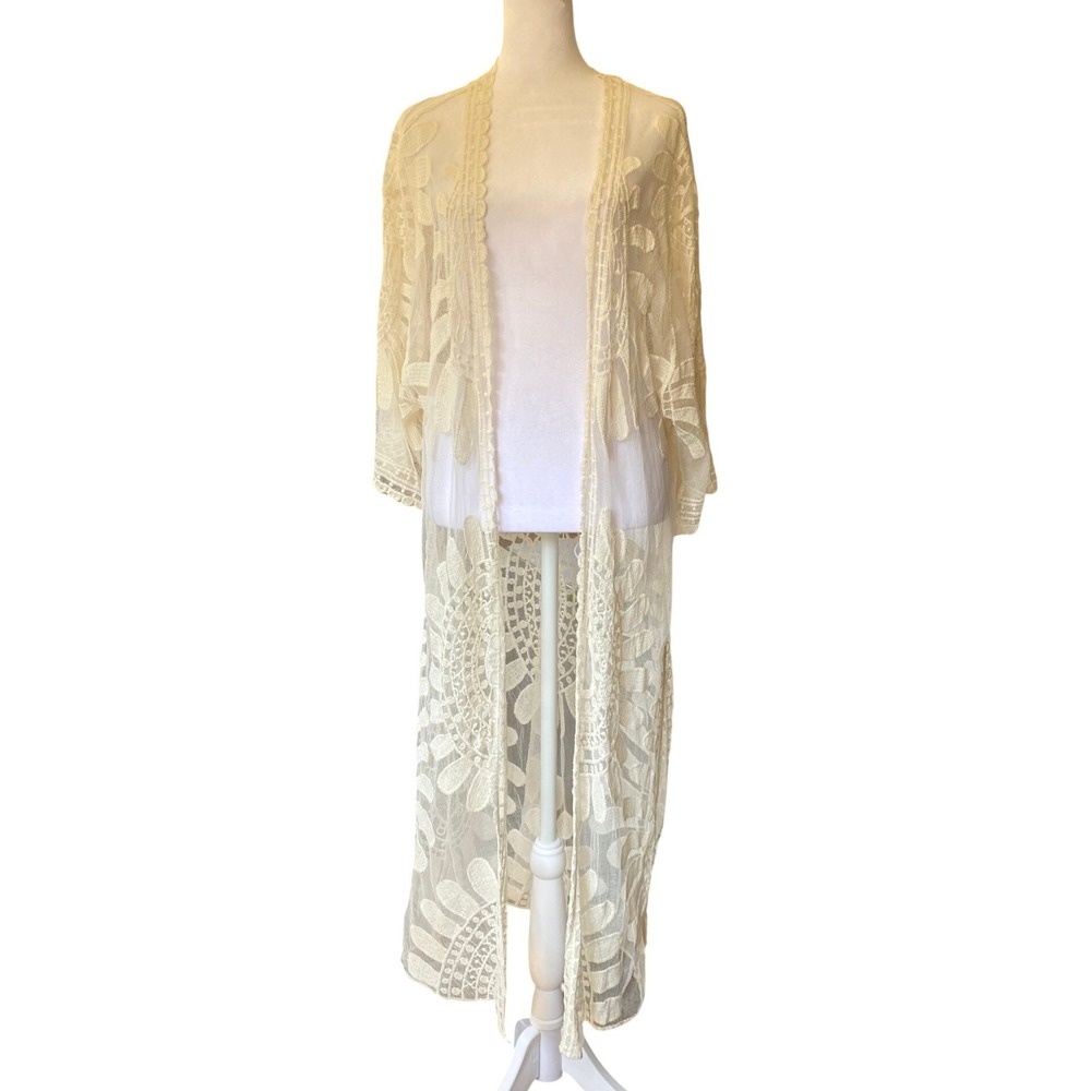 Sheer Lace Cream Mesh Open Front Maxi Kimono Duster Cardigan Boho Festival Hippy